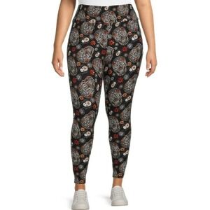 TERRA SKY Women 5X Black Orange Halloween Sugar Skull Floral High Waist Leggings